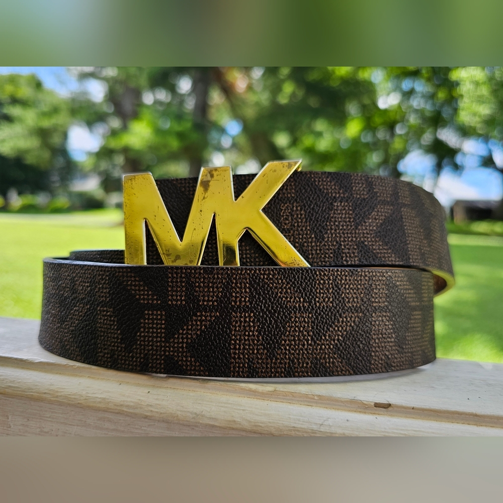 Michael Kors Brown Synthetic Leather MK Logo Belt Women's Size Large
